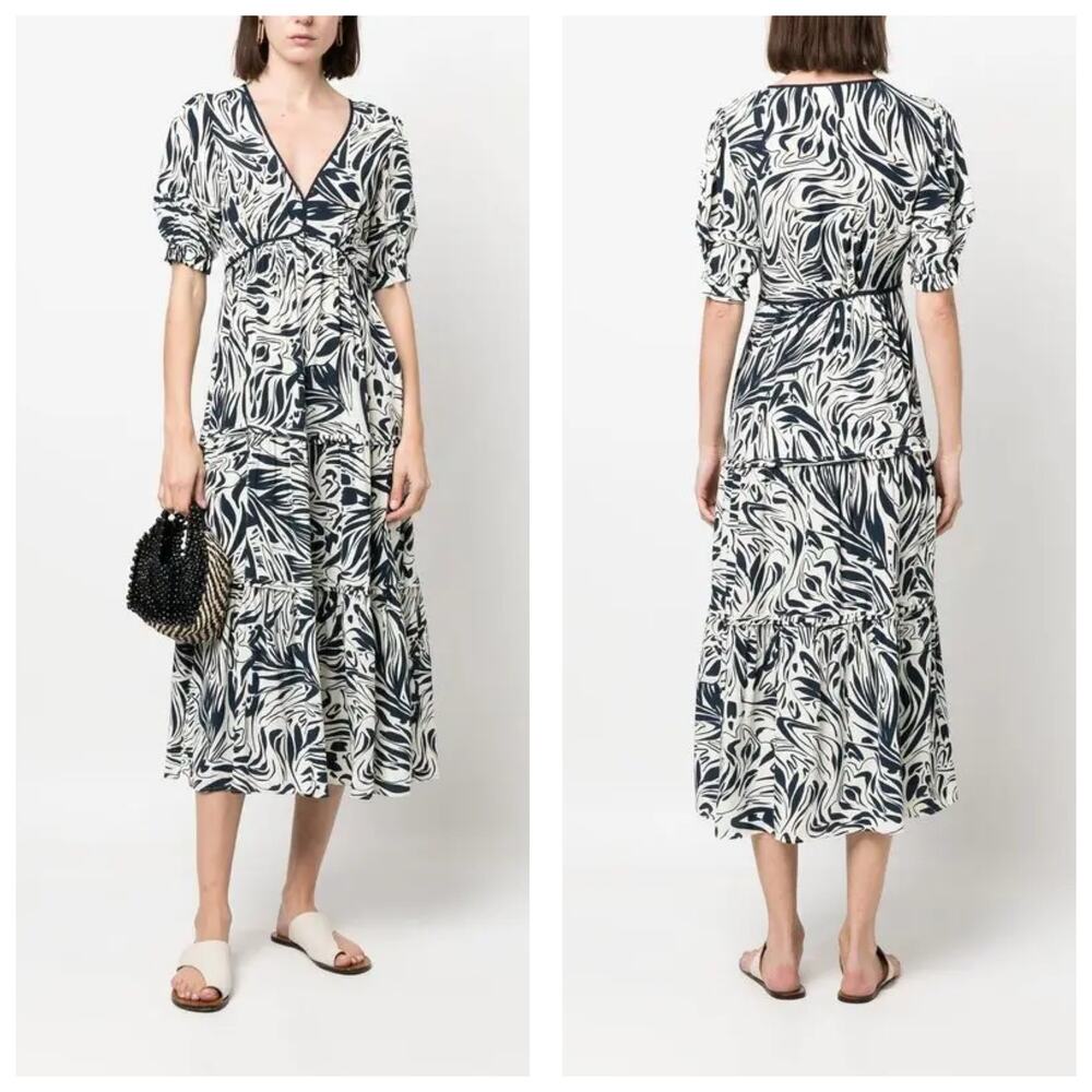 BA&SH Calla Abstract Pattern Midi Dress Size Small Blue White Floral Lightweight